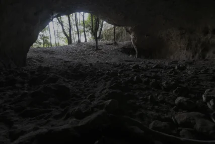 Una profonda cavità scavata alla base di una parete rocciosa dall'uomo, nell'Età del Bronzo. Luoghi come questo possono essere scelti da una lupa per partorire i cuccioli in primavera. Murgia Materana (Basiliata). Settembre 2020. Foto Gianluca Damiani ©. tana di lupo